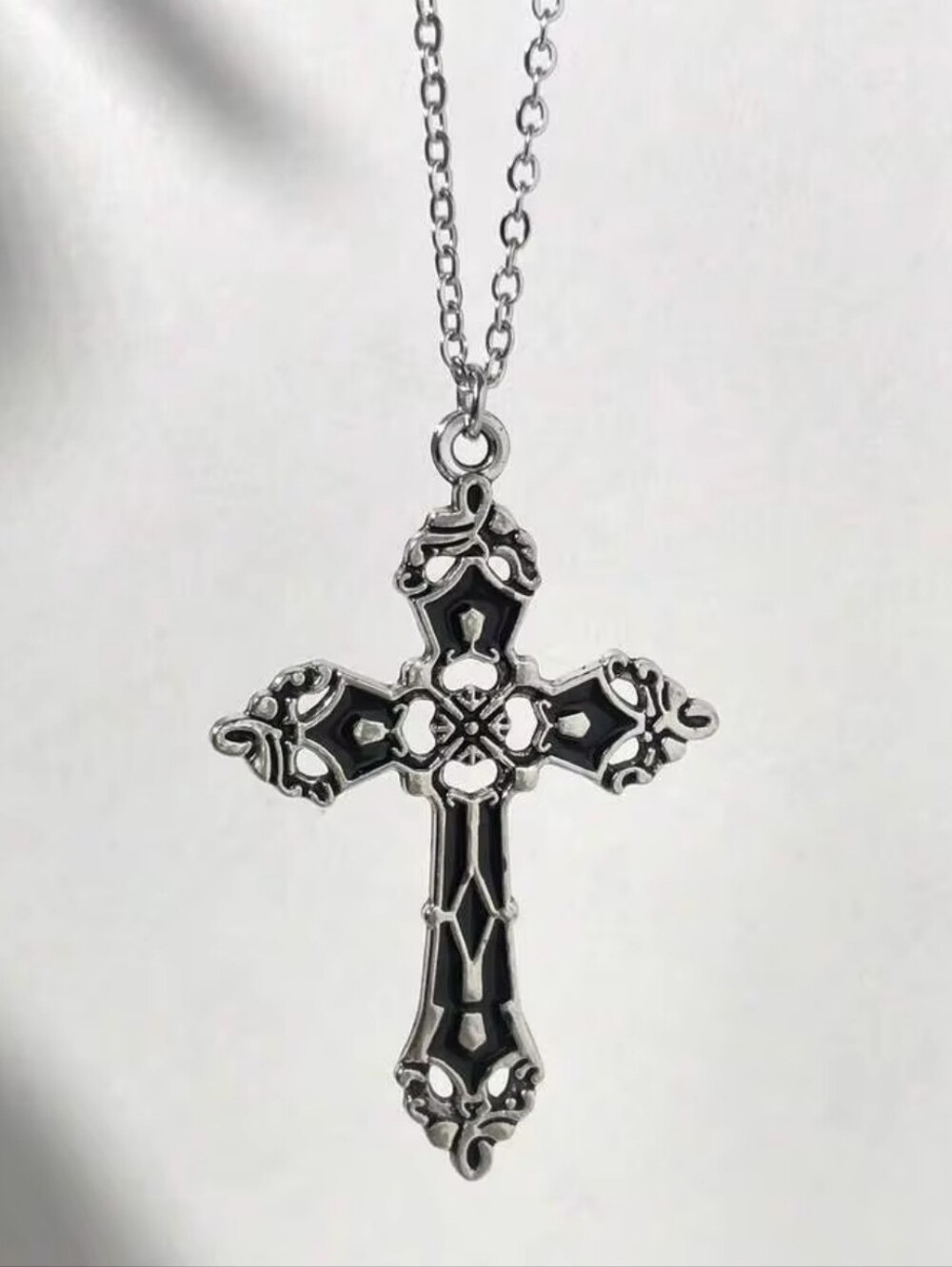 Gothic Ornate Black and Silver Cross Pendant Necklace